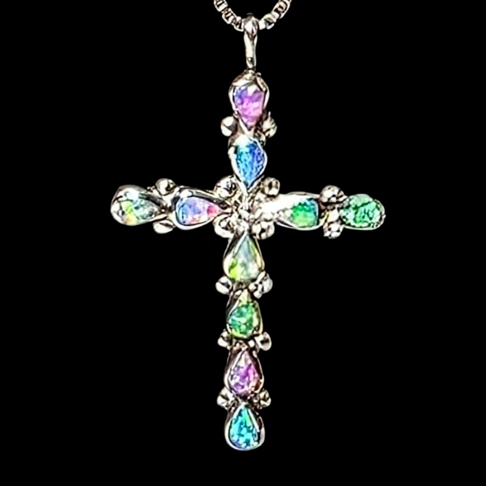 Vintage Sterling Silver Zuni Opal Cross Necklace - Picture 5 of 9